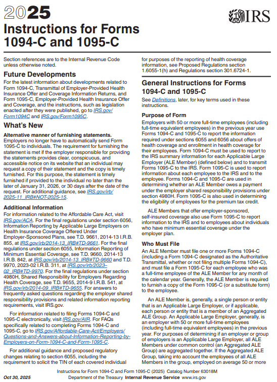 IRS reporting resources 2025 instructions for Forms 1094-C and 1095-C
